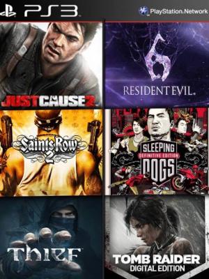 6 juegos en 1 Thief mas Saints Row 2 Ultimate Edition mas Edición digital de Sleeping Dogs mas Just Cause 2 Ultimate Edition mas Edición digital de Tomb Raider mas RESIDENT EVIL 6 PS3