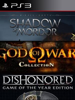 3 juegos en 1 Edición Legión de La Tierra Media: Sombras de Mordor mas God of War Collection mas Dishonored Game of the Year Edition ps3